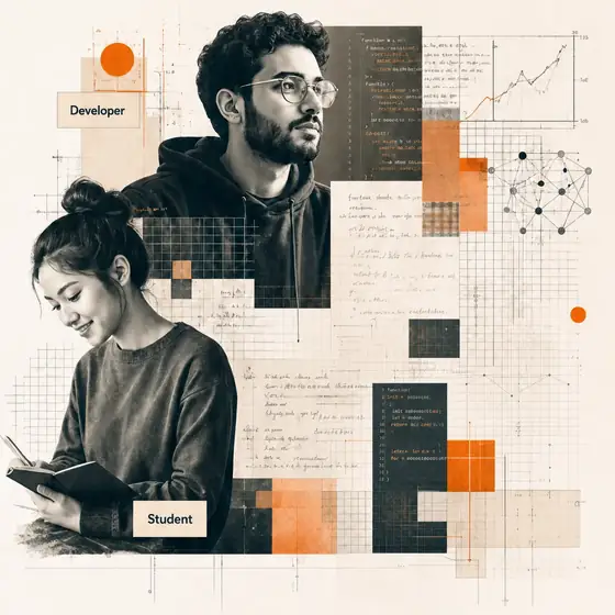 Developers and students building with AI, editorial collage